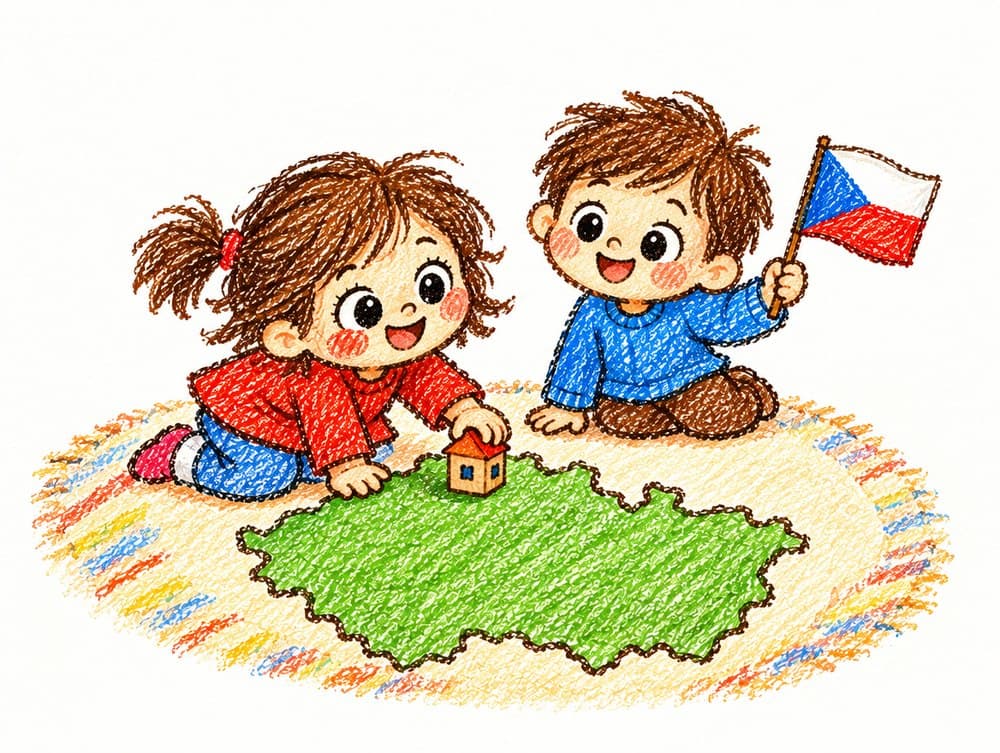 Holčička pokládá domeček na mapu Česka, chlapec drží českou vlaječku.