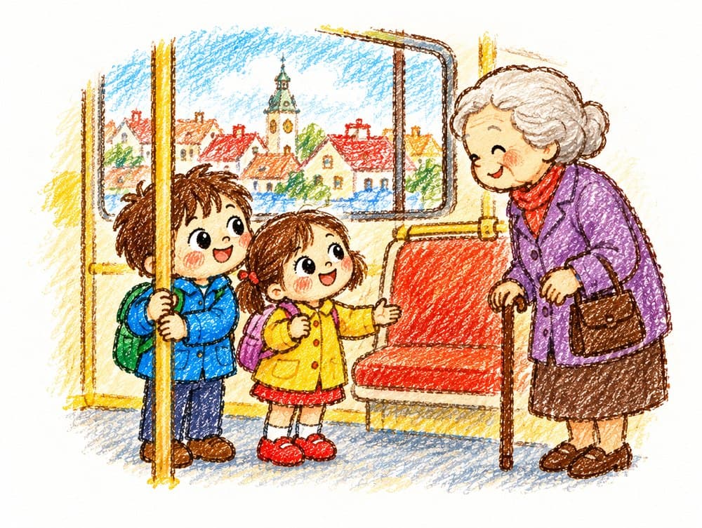 Děti v tramvaji pouštějí sednout starší paní s holí.
